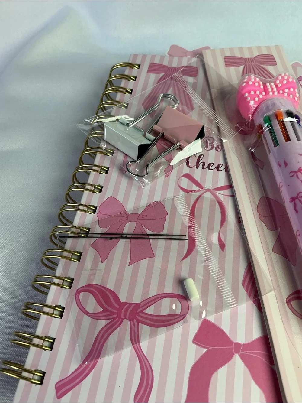 ★ Pink Bow Stationery Gift Set Notebook Pen Tabs & Clips Bundle